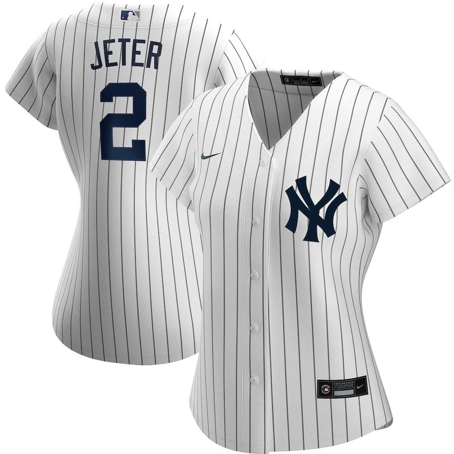 Womens New York Yankees 2 Derek Jeter Nike White Navy Home Replica Player Name MLB Jerseys
